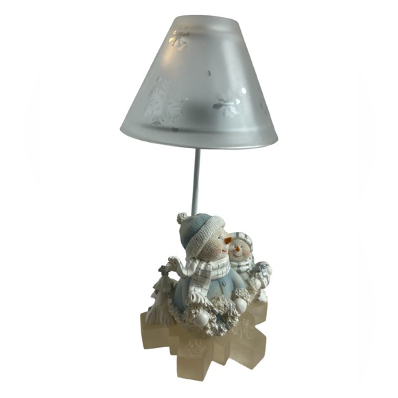 Snowmen Tea Light Votive Lamp Glass Snowflake Shade Blue White Christmas Vtg - Picture 8 of 8